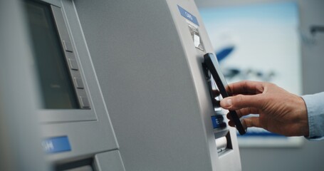 ATM Machine in Airport Terminal: Close Up Shot of Unrecognizable Person Putting Smartphone to NFC...