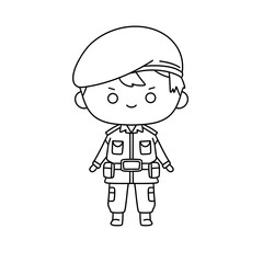 A cartoon soldier with a hat and a backpack