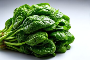 Fresh, vibrant spinach on a clean white background. Perfect for healthy food concepts, cooking blogs, and nutrition-related designs. Isolated, high-quality image