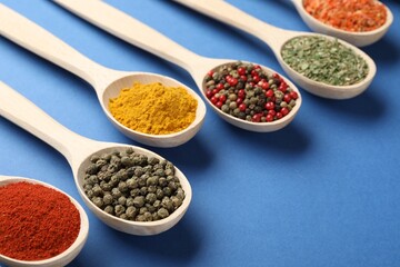 Different aromatic spices in spoons on blue background, closeup