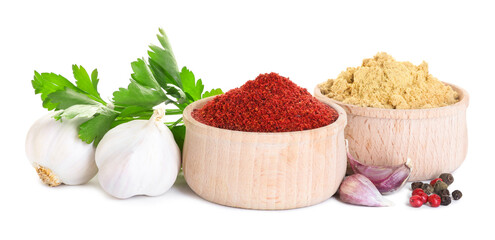 Many different aromatic spices on white background