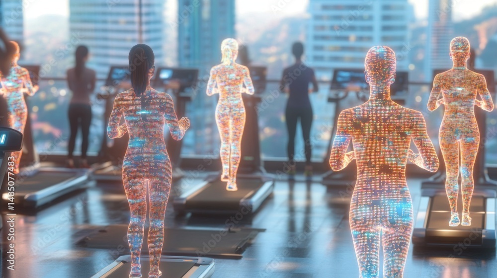 Aufkleber In a high tech gym, individuals interact with their digital avatars while exercising on treadmills, surrounded by holograms and a vibrant cityscape view.