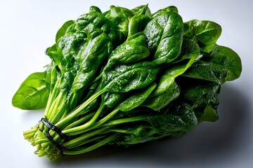 Fresh, vibrant spinach on a clean white background. Perfect for healthy food concepts, cooking blogs, and nutrition-related designs. Isolated, high-quality image