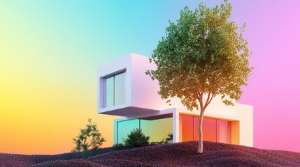 Modern House with Colorful Sky and Lush Green Tree at Sunset