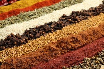 Many different spices as background, closeup view