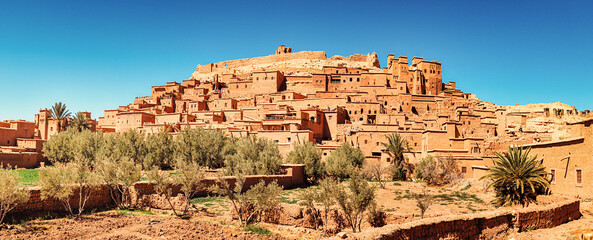 Panoramic view of the fortified ksar of Ait Benhaddou, a World Heritage site, showcasing...