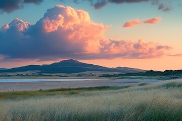 Scenic sunset over a beach and mountain range