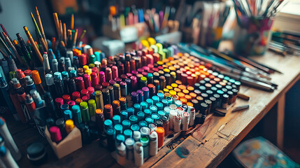 Obraz premium A table full of art supplies including many different colored pens and markers