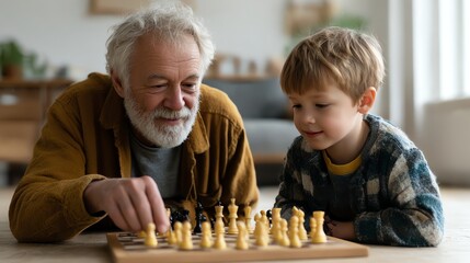 Heartwarming moment of a grandfather teaching chess to his grandson on a wooden floor, shot in natural light with space left for design use.