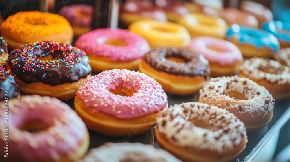 Poster assorted colorful donuts with icing and sprinkles on tray in bright cheerful bakery setting