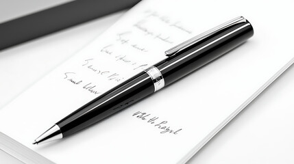 A black pen sits on top of a white sheet of paper