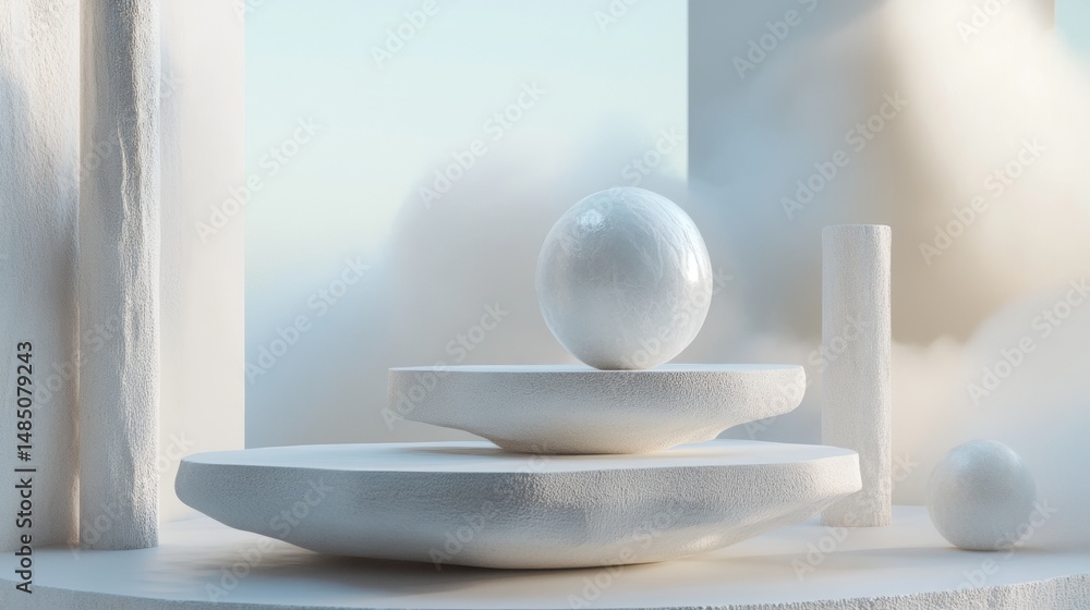 Poster white spheres on balanced plates in clean minimal futuristic setting with soft natural light