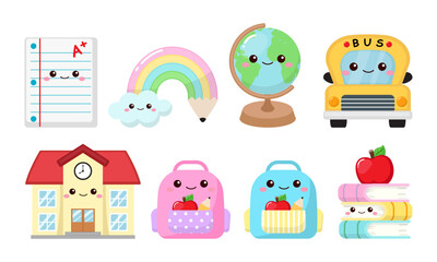 Fototapeta premium Cute school supplies, globe, pencil, bus, building, bag clipart