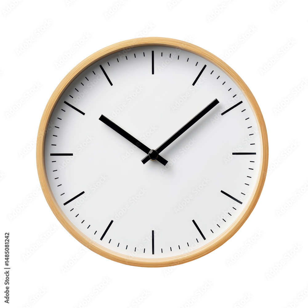 Poster simple round wall clock with wooden frame displaying a clean white face and black hands showing curr