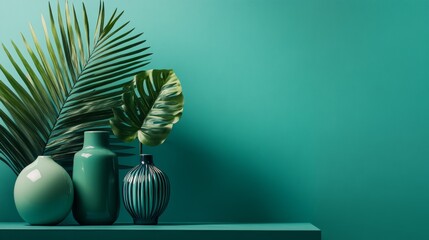 Green tropical leaves with ceramic vases on pastel background in modern minimal summer home decor