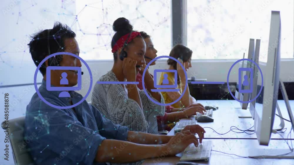 Poster three customer service agents typing at keyboards, displaying network icons and node graphics