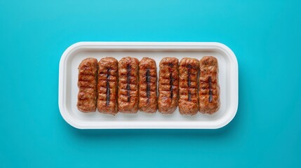 Grilled sausages arranged neatly on a white rectangular plate against a vibrant blue background.