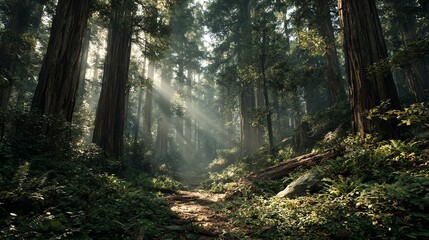 Cinematic sunbeams pierce through an ancient redwood forest with atmospheric mist and ultra-detailed foliage&mdash;perfect for nature, fantasy, or background themes.