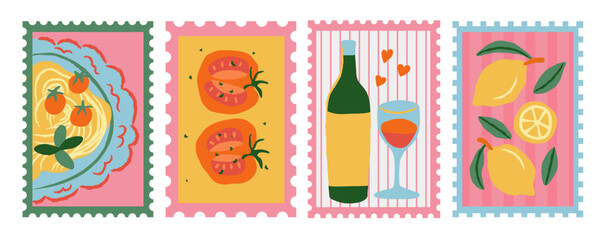 Hand drawn dining doodles in flat style. Posters postage stamp with pasta and tomato. Art for greeting cards, wedding invitations