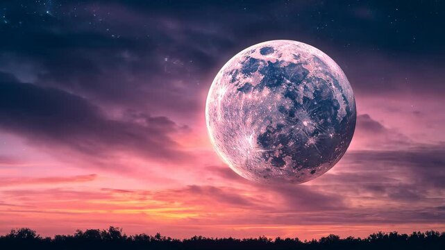 A giant, pink moon dominates a vibrant sunset sky, filled with clouds and stars, over a dark silhouetted landscape