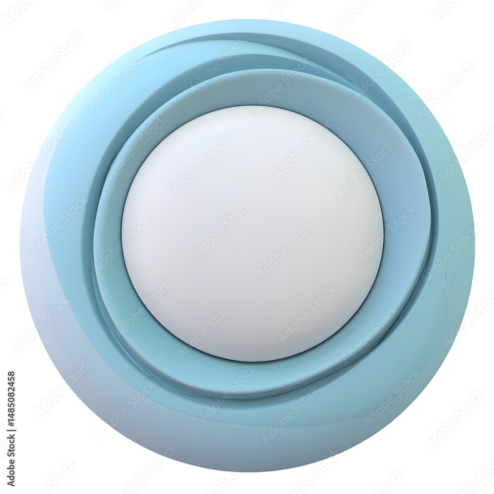 Poster light-blue, circular, 3d-rendered geometric design object with concentric circles and rounded shapes