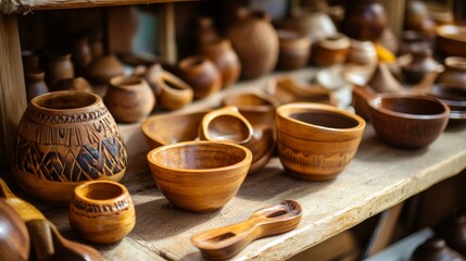 Clay bowls and cups on shelf in handcrafted pottery store with soft rustic decor setup scene