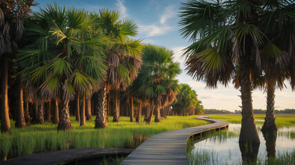 Obraz premium Oil palm trees planted along a marsh