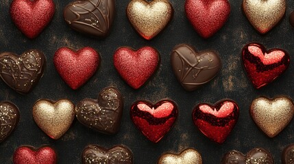Fototapeta premium Heart-shaped chocolates and glittery hearts pattern background