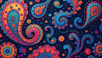 Fluid paisley design, continuous motif, rich color interplay, textile, seamless, floral