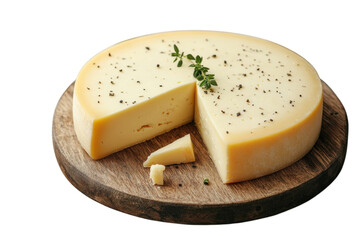 Creamy Cheese Wheel Rustic Wooden Board Herb Garnish Gourmet Dairy Delight on transparent background