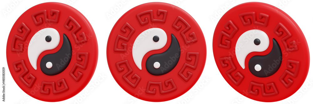 Poster set of red circular yin yang symbols with embossed design 3d render icon illustration