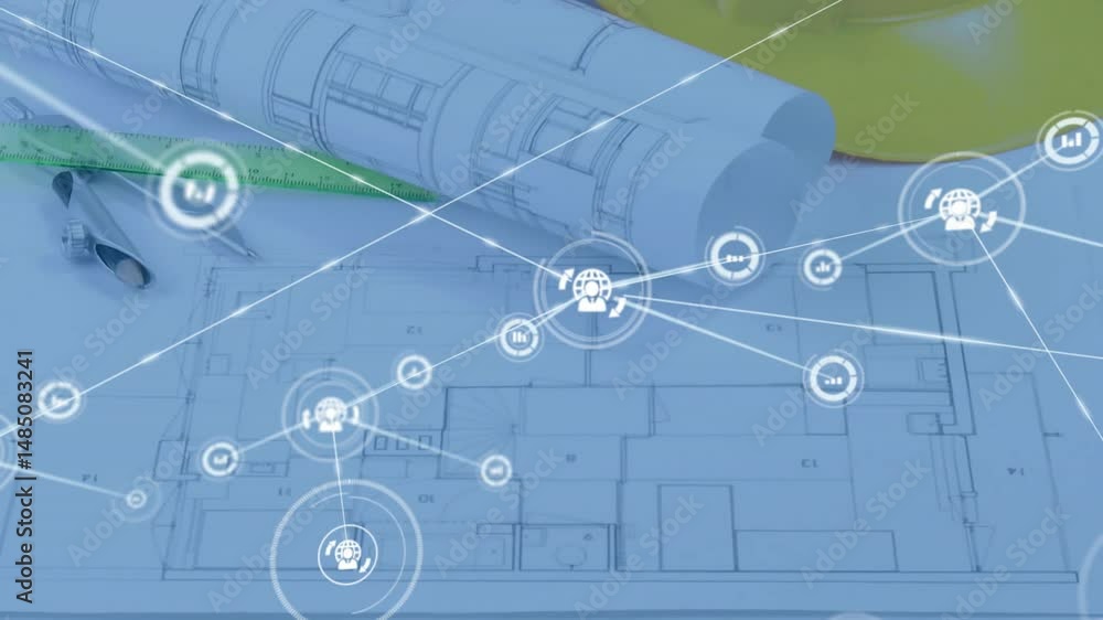 Poster unrolling blueprint set on drafting desk with ruler, compass, helmet and floating digital icons