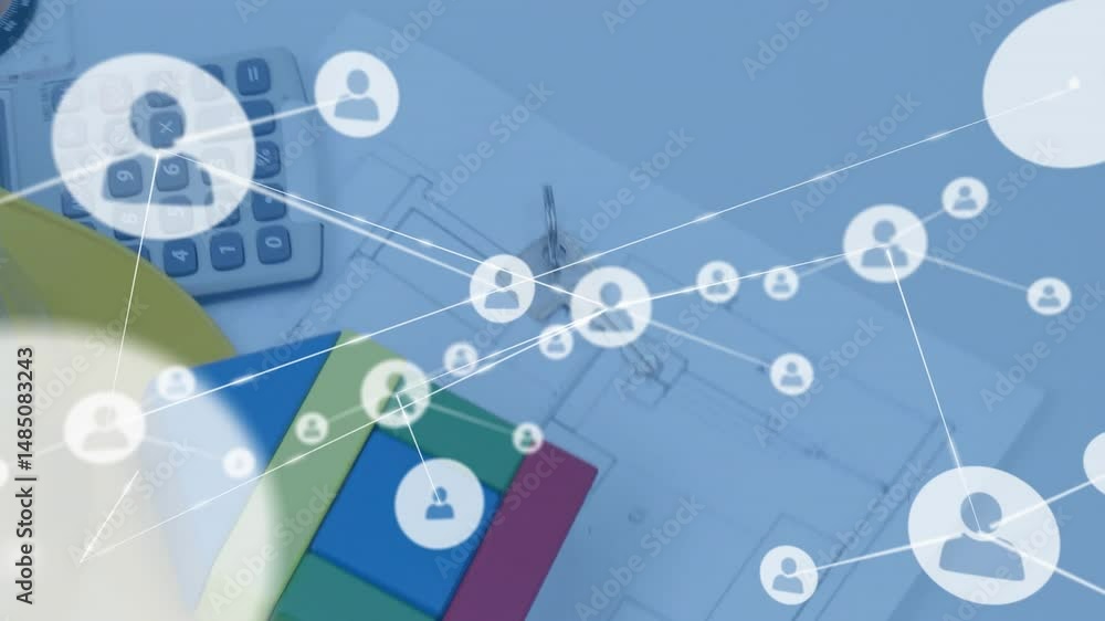 Poster translucent network connecting user icons with glowing lines over engineering tools on blue desk
