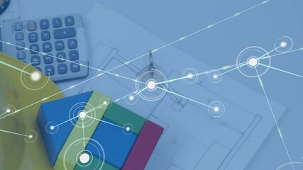 Yellow safety helmet resting on blueprints under digital network overlay glowing in 3D render - Powered by Adobe