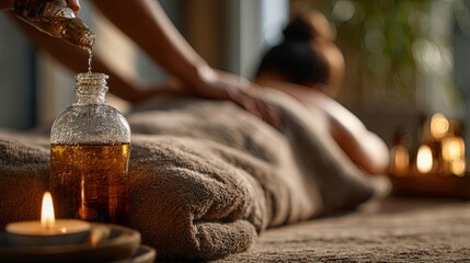 Serene spa experience with a person receiving a soothing massage on a comfortable table, illuminated by soft candlelight and surrounded by essential oils, creating a tranquil and relaxing atmosphere.