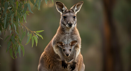 Fototapeta premium Kangaroo with Joey in Pouch Looking at Camera