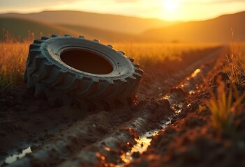 Muddy Tractor Tire in Rural Field Agricultural Machinery and Farming Transport