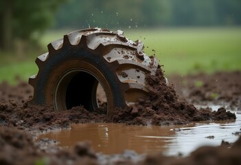 Muddy Tractor Tire in Rural Field Agricultural Machinery and Farming Transport