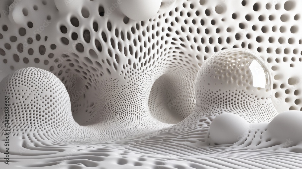 Poster white 3d abstract render with spheres and mesh textures in futuristic visual interior design concept