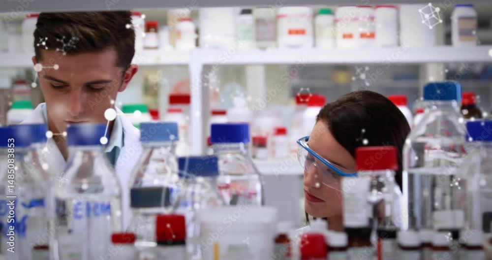 Poster researchers examining reagent bottles in science lab, with molecular diagrams floating overhead