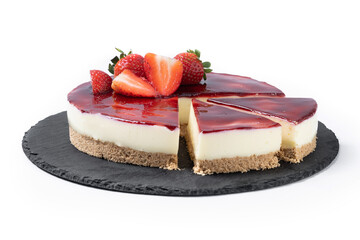 Cheesecake with strawberries isolated on white background