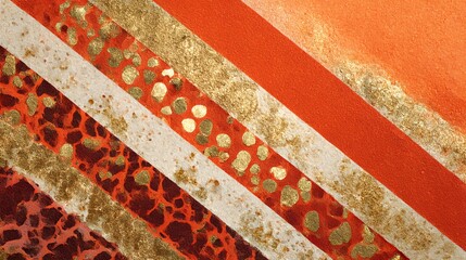 Sunset orange background with golden foil stripes and irregular triangle patterns. A grainy, modern, luxurious texture perfect for stylish abstract designs.