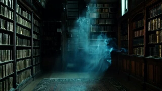 Dark library with swirling smoke.