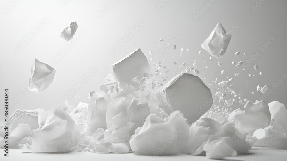 Poster white cubes and splashes frozen mid-air with soft shadow in 3d surreal abstract visual composition s