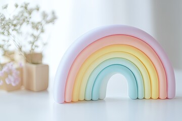 Pastel rainbow toy on white surface
