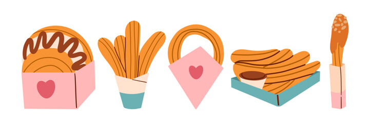 Churros set vector illustration. Cartoon isolated sweet takeaway fast food collection with churro sticks in paper bags and packages with cups of chocolate sauces and dips, fried dessert on plate
