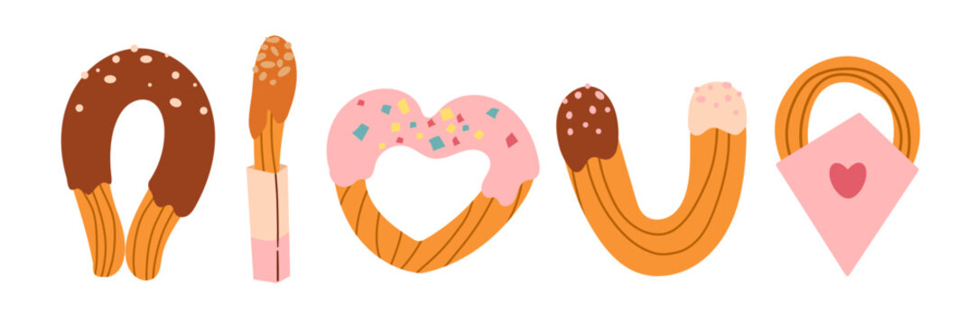 Churros set vector illustration. Cartoon isolated sweet takeaway fast food collection with churro sticks in paper bags and packages with cups of chocolate sauces and dips, fried dessert on plate