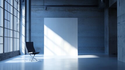 Empty modern industrial room with window shadows and chair for architectural minimalist interior visual scene