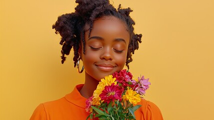 A young Black girl with curly hair smiles gently while holding a bouquet of vibrant flowers against a warm yellow backdrop.