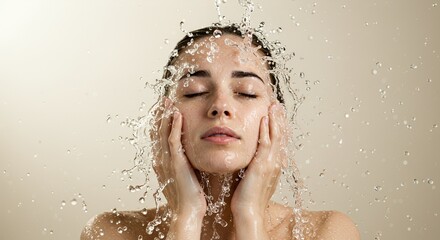 Woman with Eyes Closed Cupping Her Face as Water Splashes Around Her Head in a Studio Shot with Soft Neutral Background Perfect for Skincare and Beauty Concepts